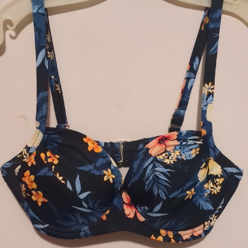 Lands' End Navy Floral Underwire Swim Top with Tropical Print